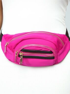 Fuchsia Pink Purple Fanny Pack Gold Accent Zipper Bag Adjustable Black Strap